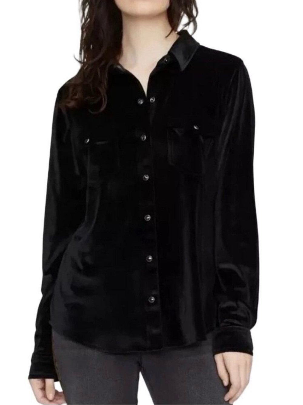Sanctuary black velour womens buttondown shirt Small snap button breast pockets